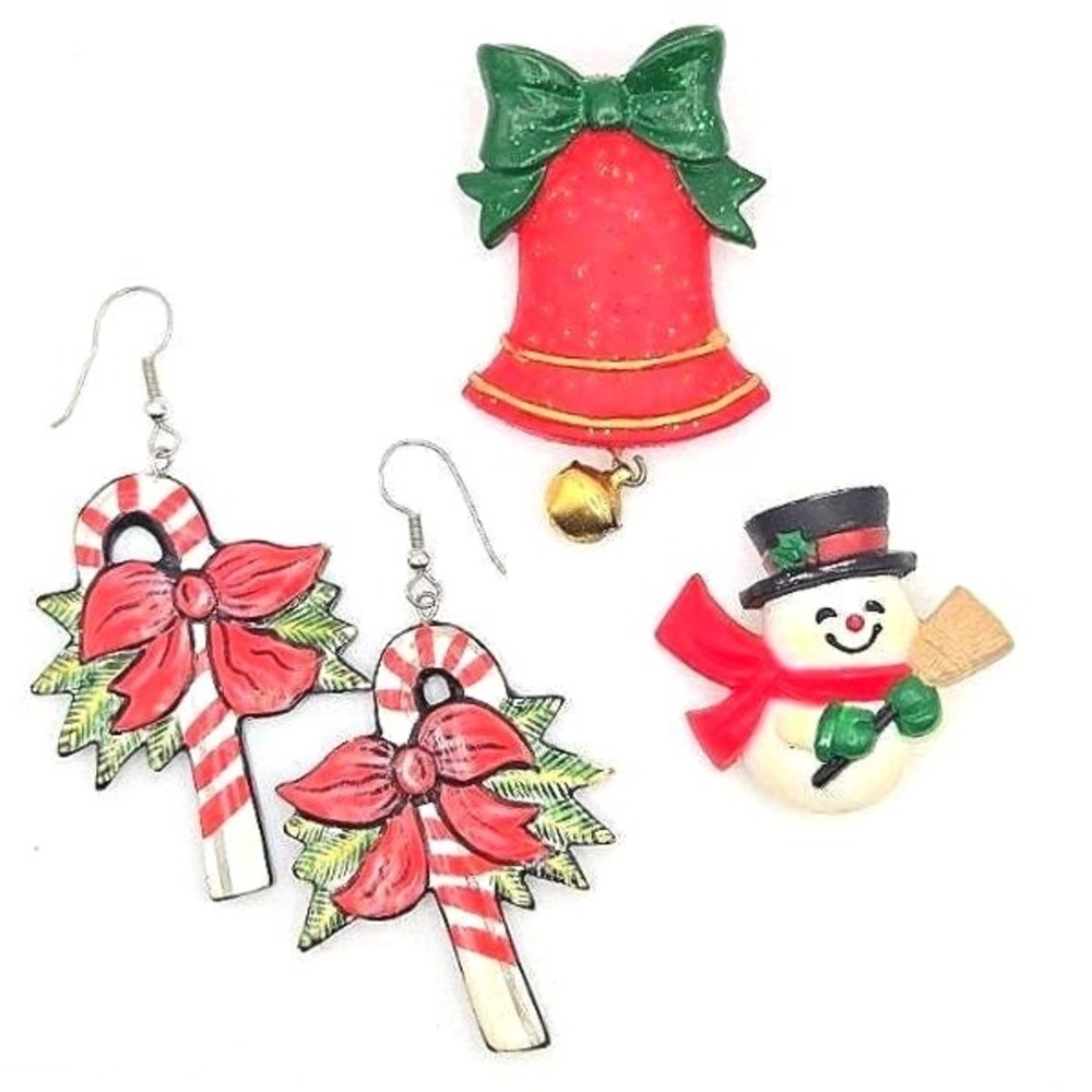 Christmas Candy Cane Earrings 1984 Hallmark Snowman Bell Pins Brooches Holiday